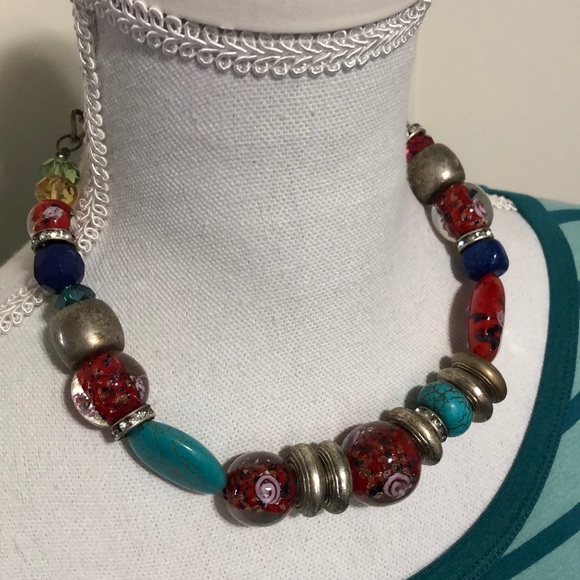 Erica Lyons Jewelry - NWT Erica Lyons USA Signed Worn Silver Tone & Colorful Beads Artsy Necklace!